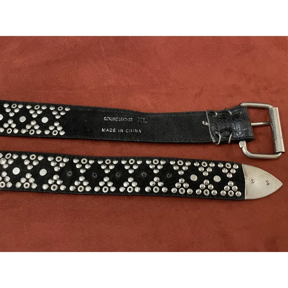 Studded Leather Belt Mens XL Black Rhinestone Western Buckle Croc Embossed